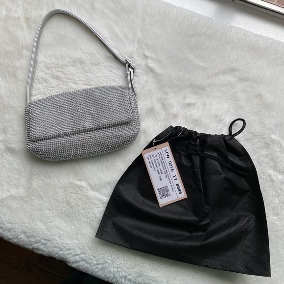 NWT Rhinestone Mesh Shoulder Bag | Silver Metallic Buckle Strap Purse - Picture 5 of 16